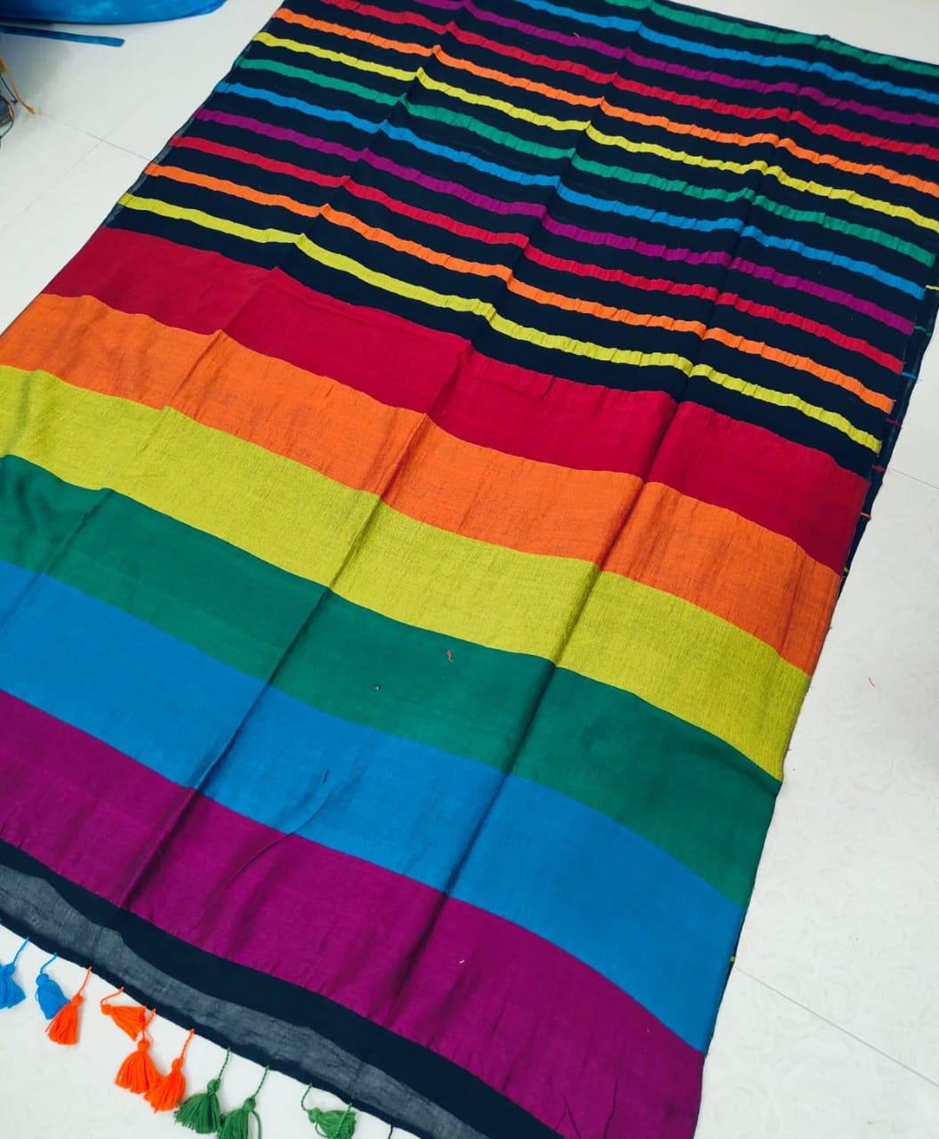 Satrangi pure 100 count cotton acrylic multi colour striped handloom saree by Rihyaaz