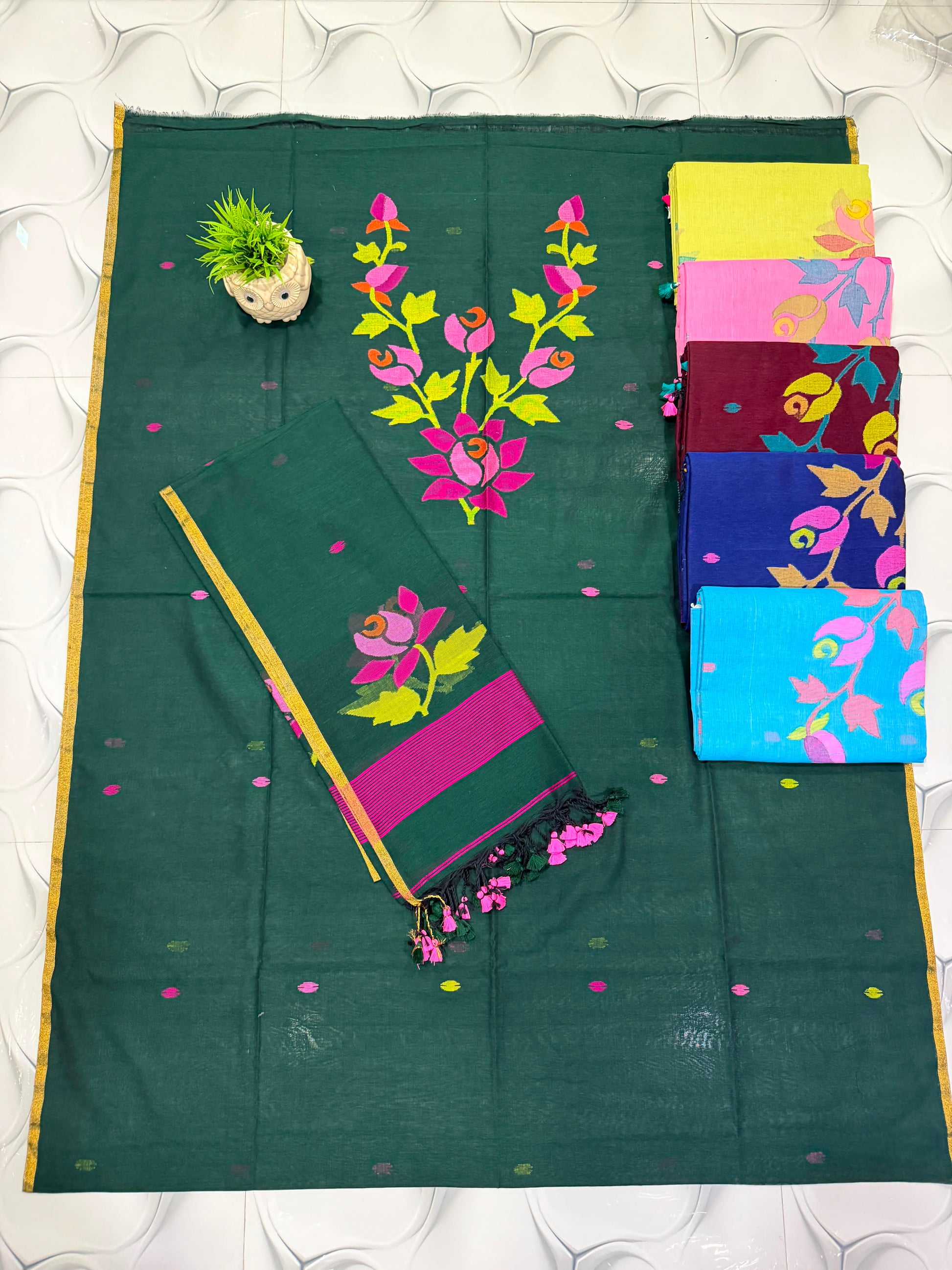 Pure cotton Jamdani suit set with 2.5 meter cotton top and 2.5 meter dupatta, featuring traditional Jamdani weaving and elegant ethnic design by Rihyaaz.