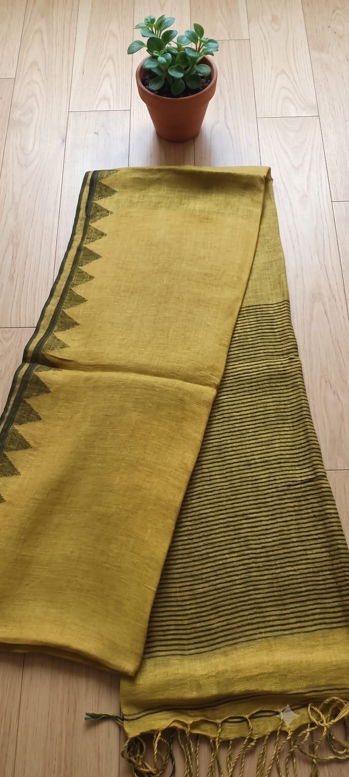 Pure silk Jayashree linen saree with traditional temple border, striped palla and running blouse piece by Rihyaaz Fashions.