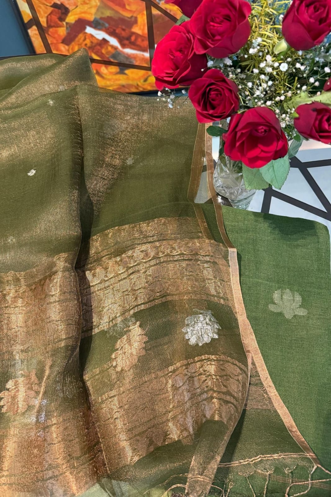 𝓝𝓮𝓮𝓿𝓪 Pure Resham by Linen lotus weaved suit paired with a resham dual zari handwoven dupatta by Rihyaaz, showcasing intricate Indian handloom craftsmanship and elegant festive ethnic design.