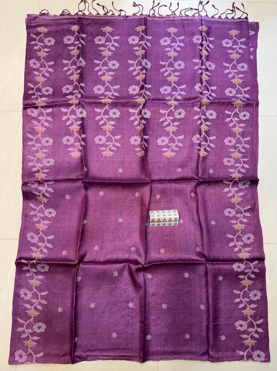 Rihyaaz Purple authentic pure Gachhi 2-ply Tussar Jamdani saree with PL weaving, unique all-over butti work, Silk Mark certified tag and running blouse piece.
