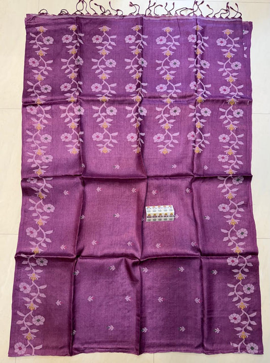 Rihyaaz Purple authentic pure Gachhi 2-ply Tussar Jamdani saree with PL weaving, unique all-over butti work, Silk Mark certified tag and running blouse piece.