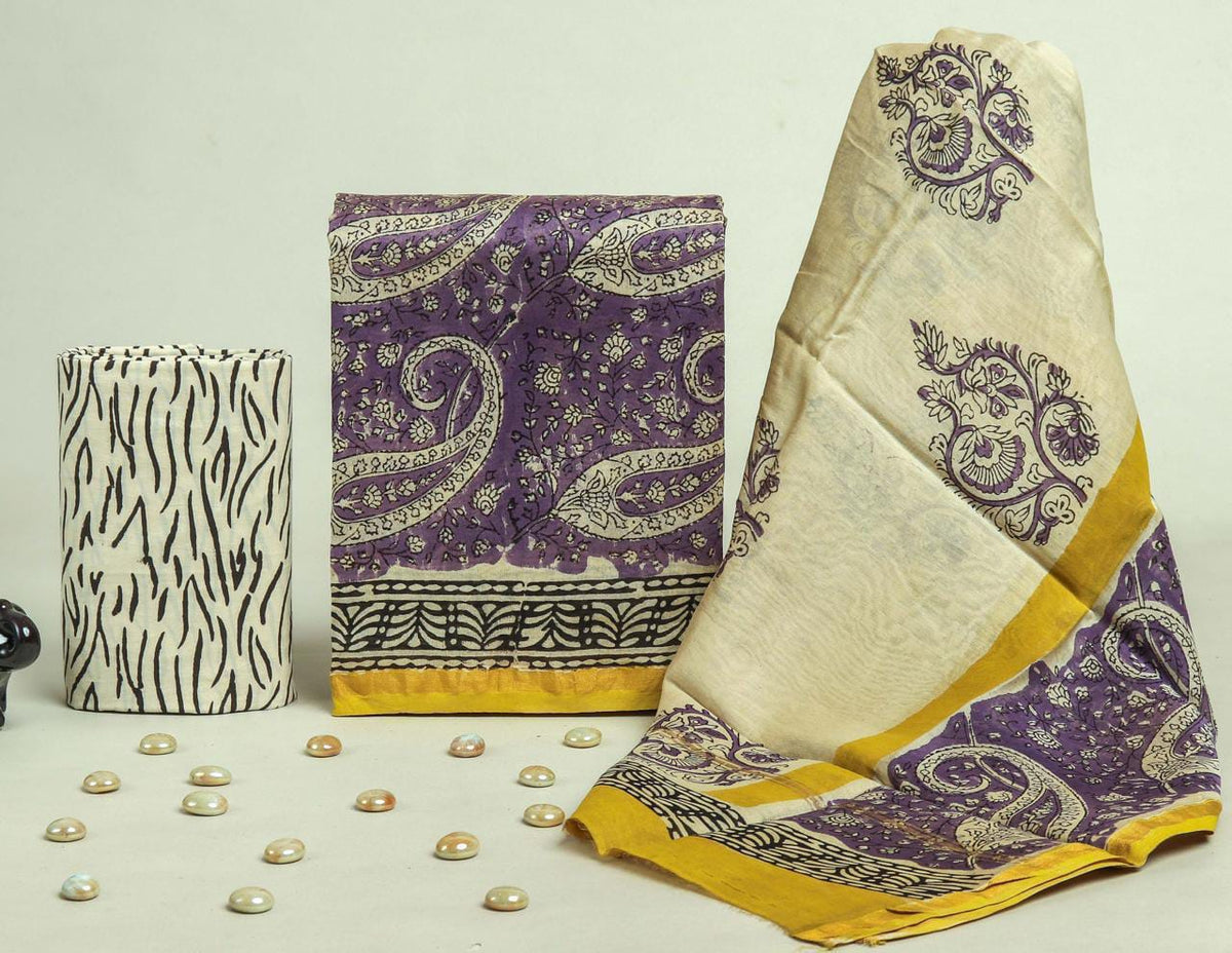 Royal Lady purple Bagru hand block printed Chanderi silk suit set with pure Chanderi silk dupatta and cotton bottom by Rihyaaz.
