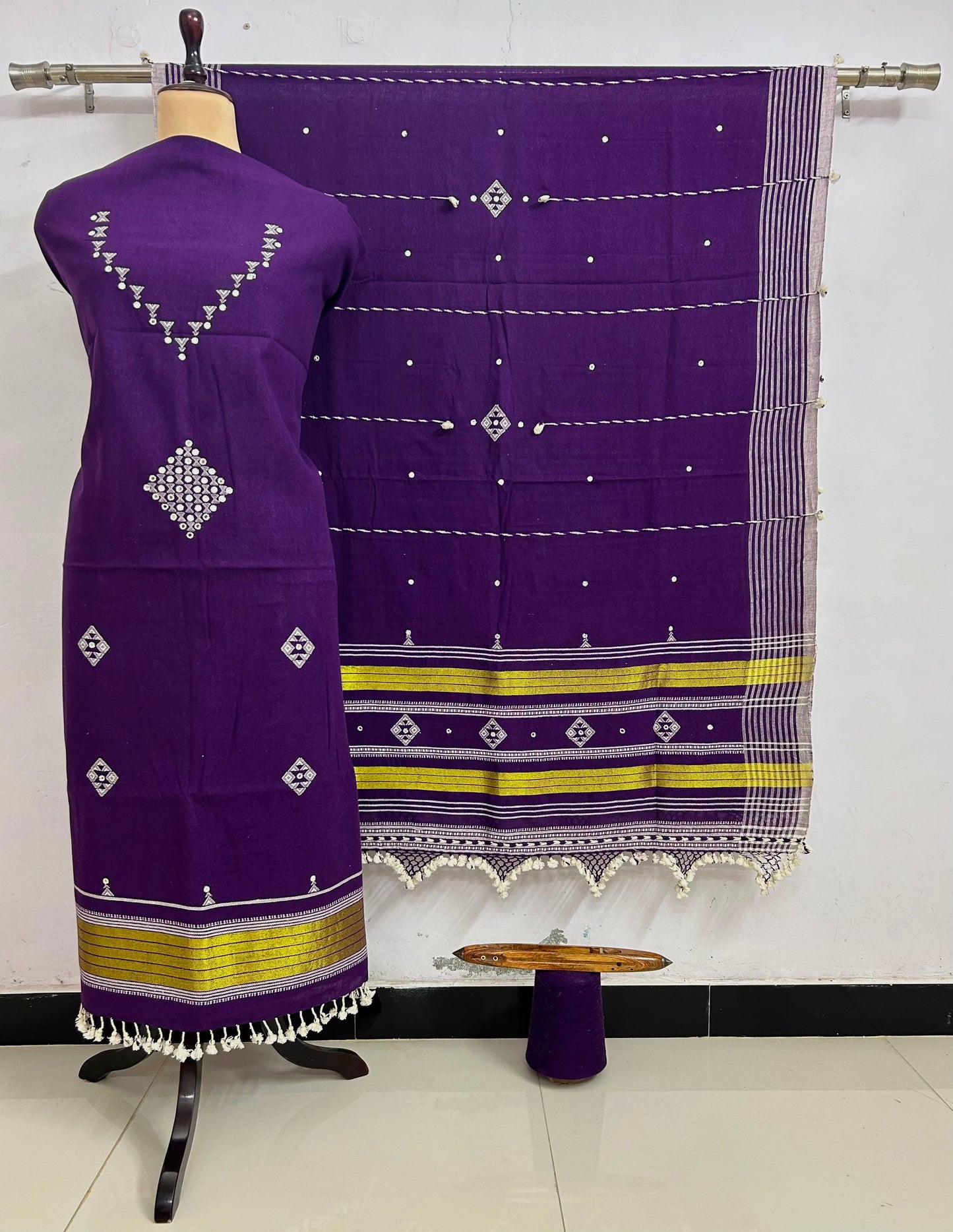 Ahir - Designer Kala Cotton 3 Piece Suit Set by Rihyaaz featuring handcrafted Ahir embroidery, breathable sustainable Kala Cotton fabric, matching kurta, pants and dupatta for elegant ethnic wear.
