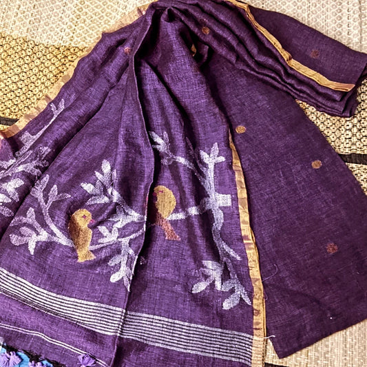 Panchchi - Dual Zari Bird Weaved Linen Jamdani Suit by Rihyaaz featuring handwoven premium linen fabric with intricate dual zari bird motifs and traditional Jamdani weaving, ideal for festive and ethnic occasions.