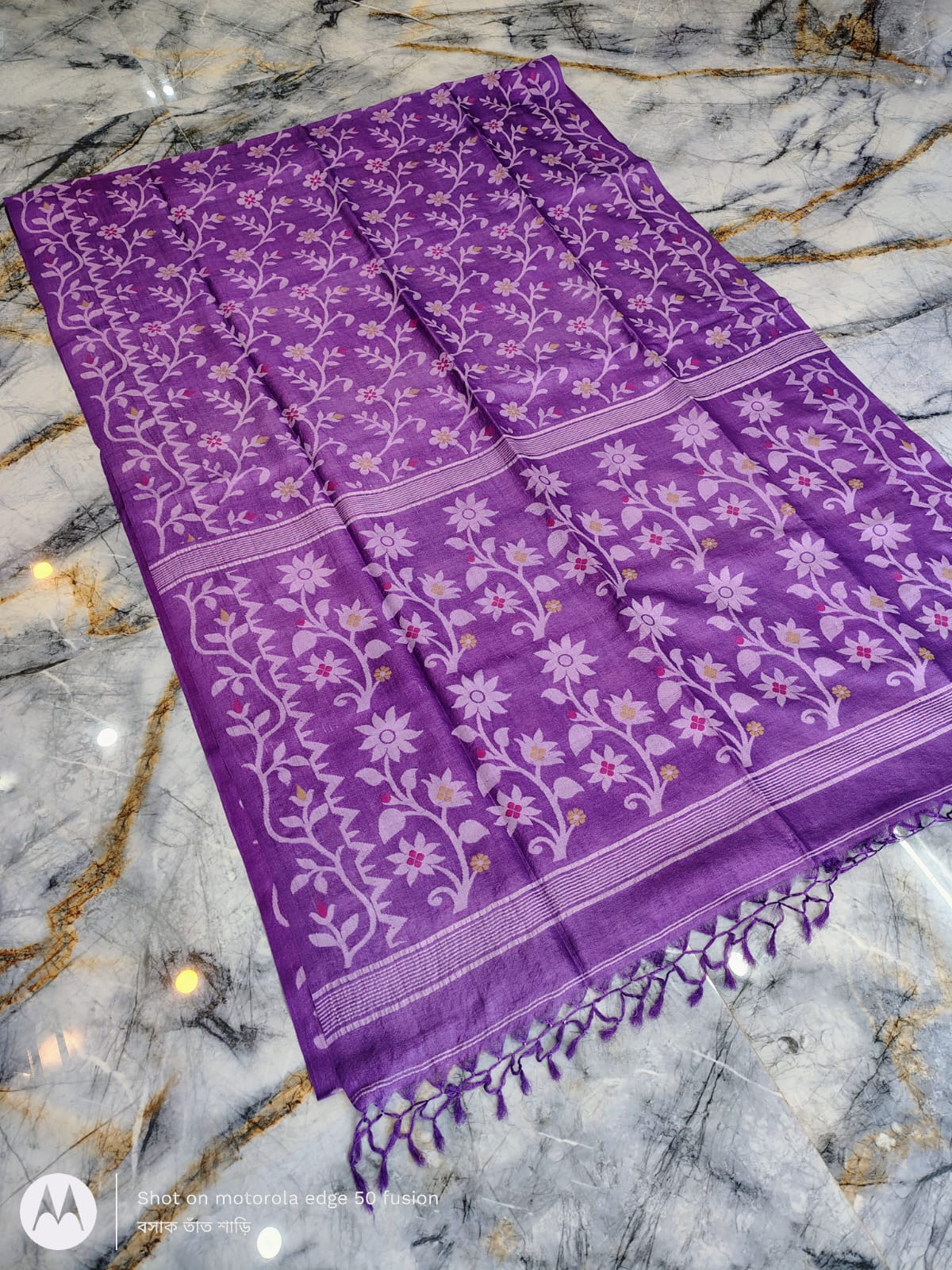 Silkmark certified Purple Bengal handloom Tussar tie and dye Allover Floral motif saree with an all-over tie-dye pattern, elegant contrast border, and blouse piece Exclusively by Rihyaaz.