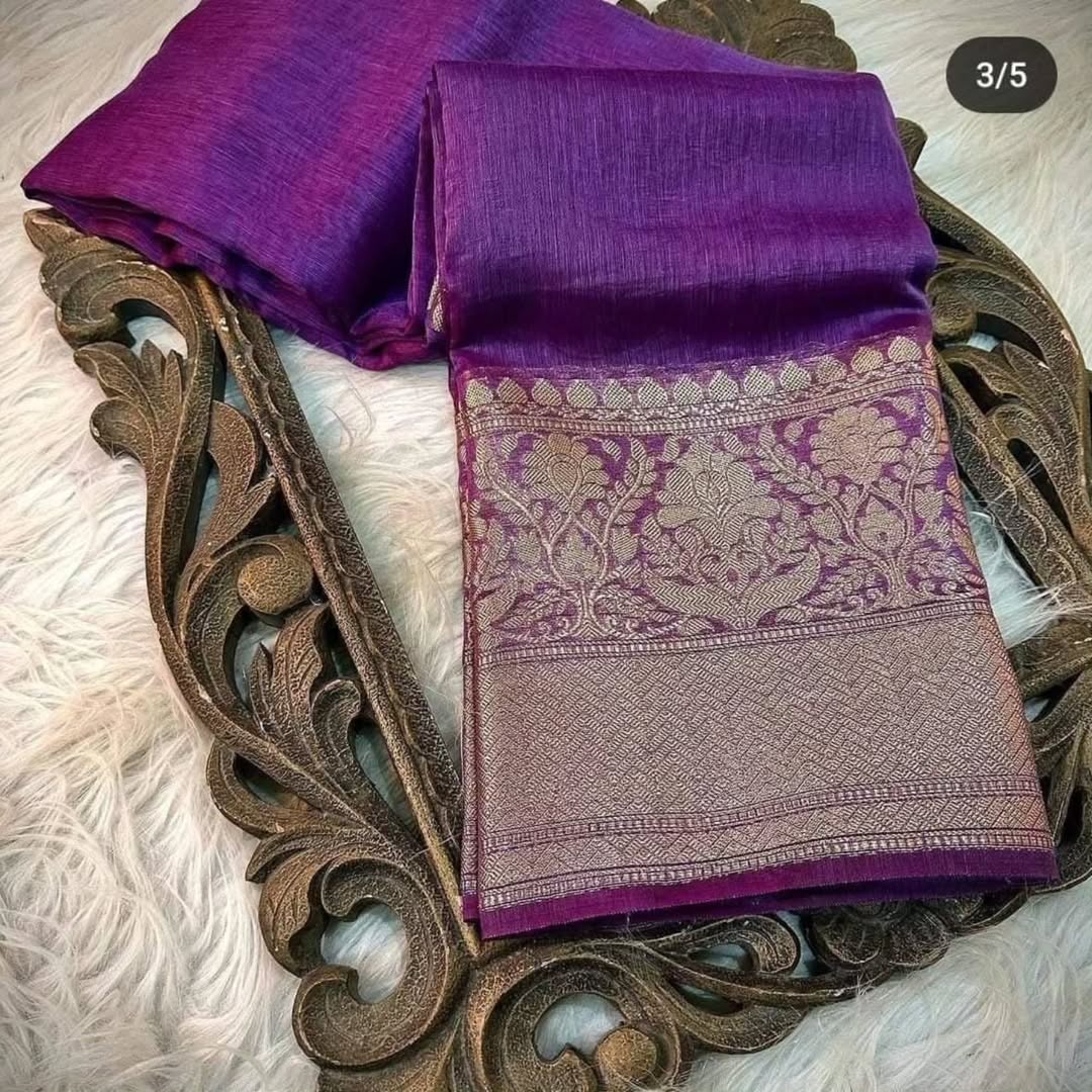 Ikangshi linen Benarasi saree with tested zari weaving and running blouse piece by Rihyaaz