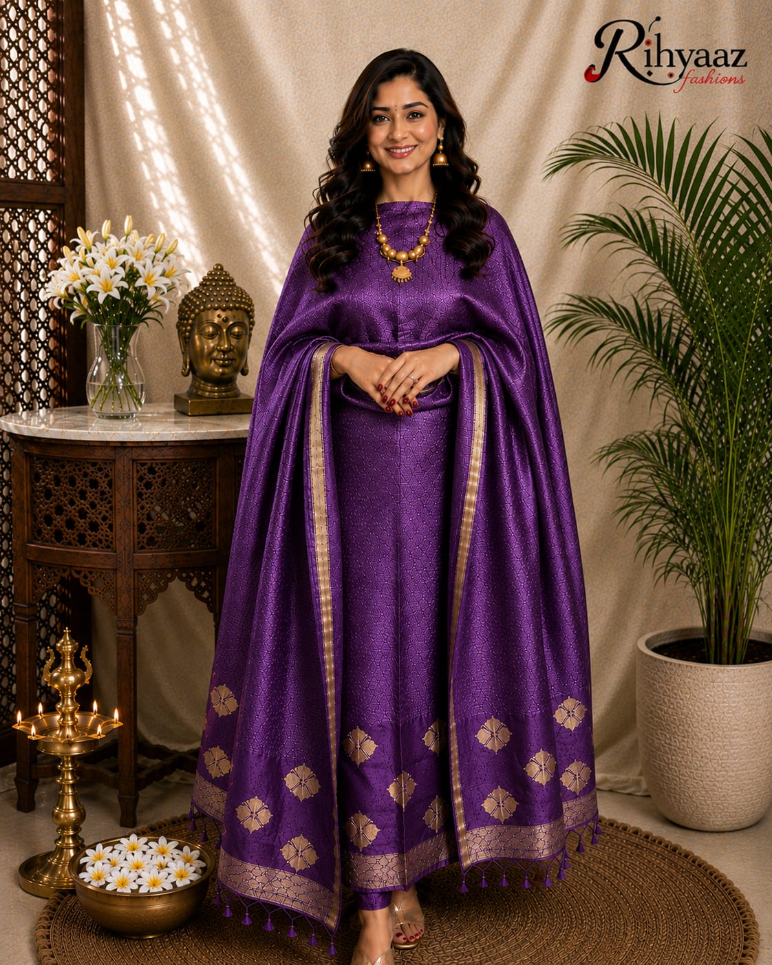Noorie Silk Mark Certified Kora Palla Linen Silk Khaduwa Weaving Suit with intricate handwoven detailing, 2.5 mtr top and dupatta by Rihyaaz Fashions.