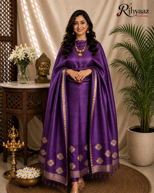 Noorie Silk Mark Certified Kora Palla Linen Silk Khaduwa Weaving Suit with intricate handwoven detailing, 2.5 mtr top and dupatta by Rihyaaz Fashions.