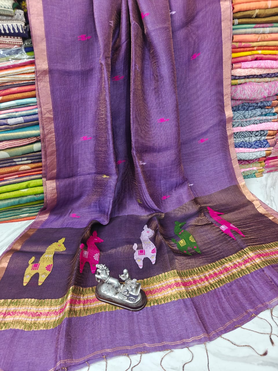 Terracotta Linen Silk Saree with intricate Resham woven palla by Rihyaaz, premium handwoven ethnic saree featuring elegant craftsmanship, soft drape, and timeless festive wear for women