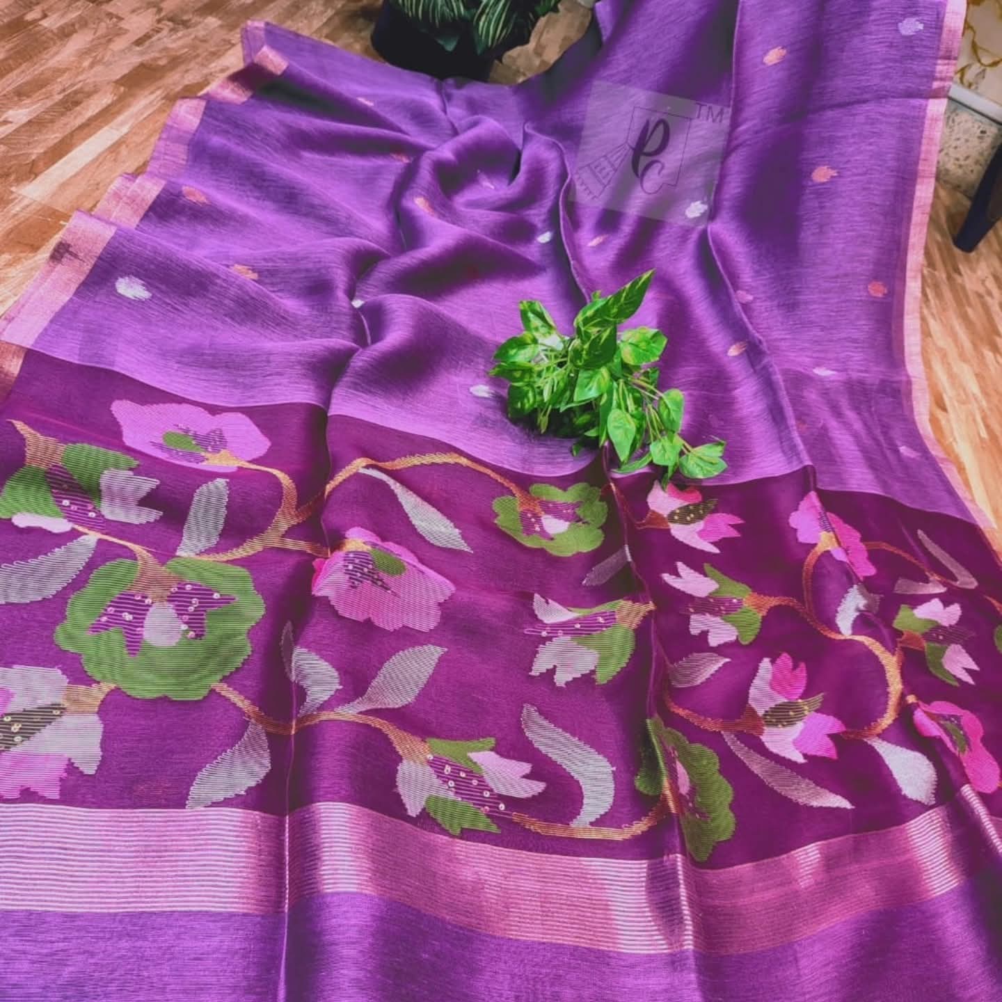 Handwoven Linen by Muslin Floral motifs saree with all-over needle weave work and golden zari border, blouse piece available | Rihyaaz