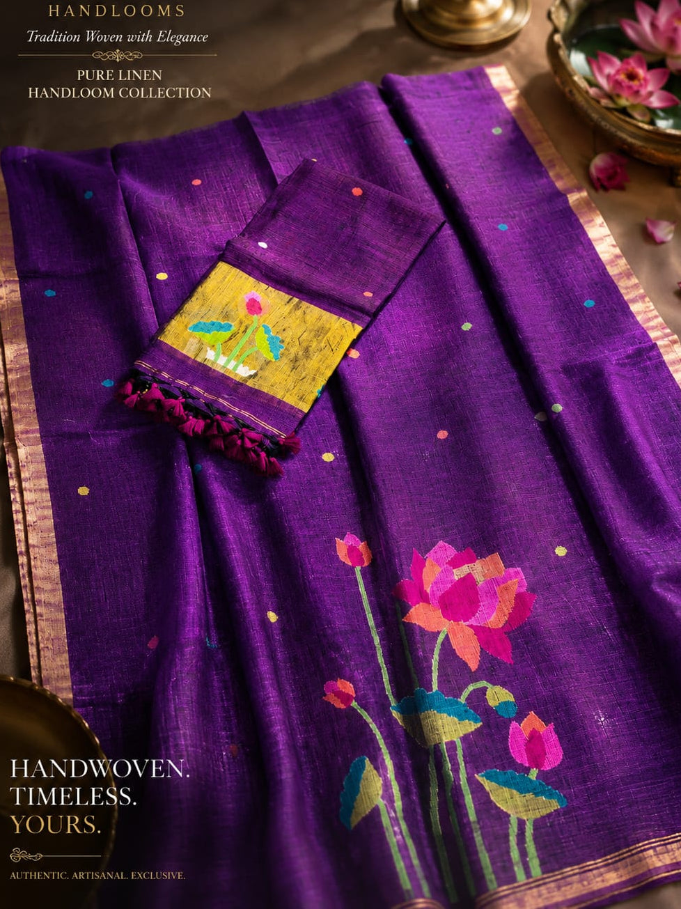 Komol Jayshree linen suit with lotus weaving and tissue palla dupatta by Rihyaaz