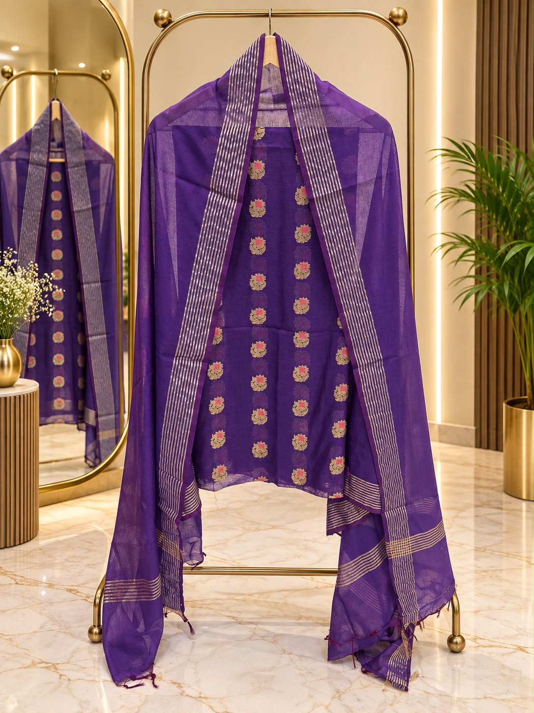 Exclusive Purple Mal Chanderi suit set featuring a floral Meena booti top paired with a zari Chudi border dupatta. Comes with a plain cotton silk bottom, 2.50 metres each for an elegant festive ensemble by Rihyaaz Fashions. 