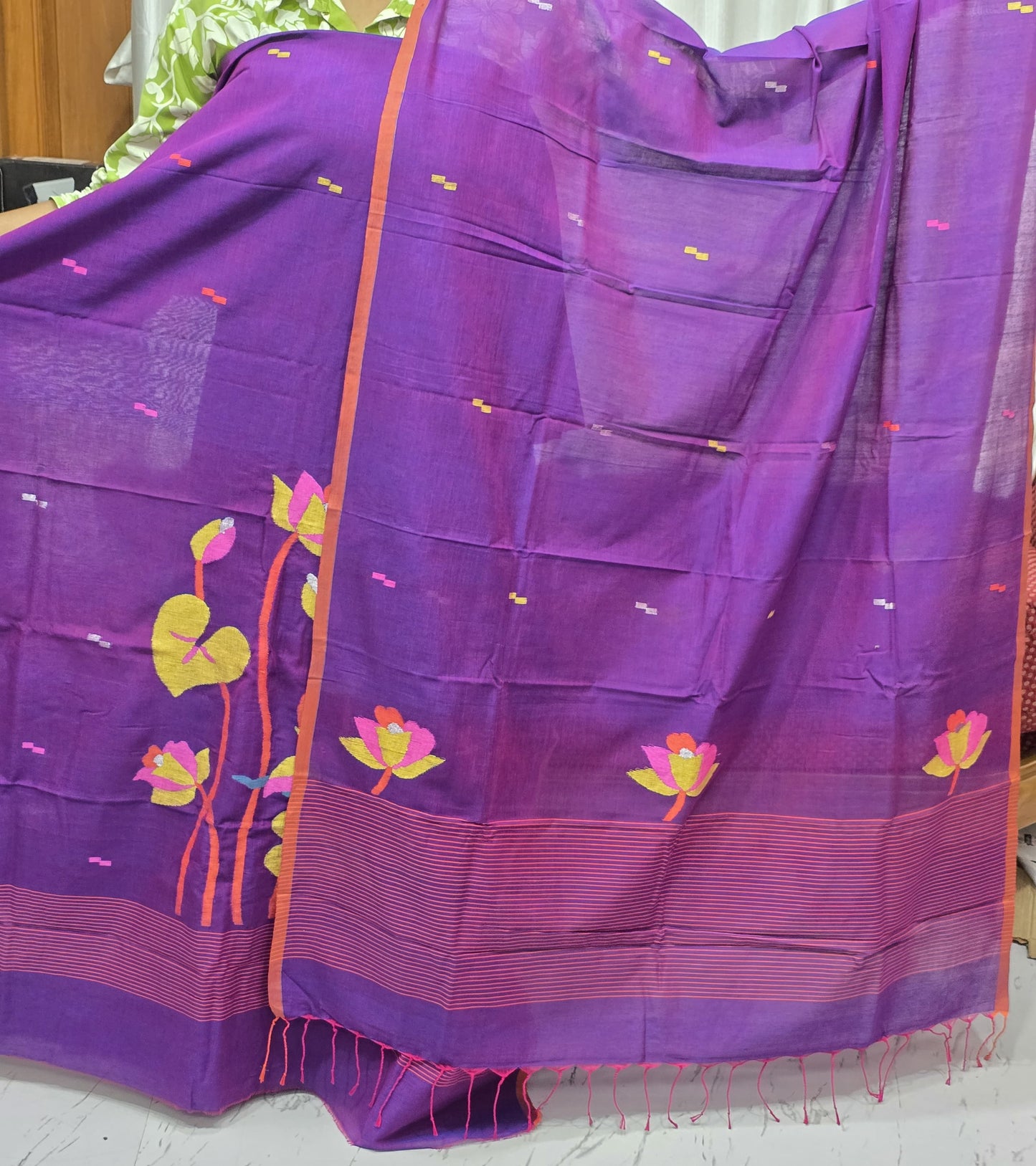 Arvi Mul Cotton checkered Needle Weaved Lotus Motif Jamdani suit with daman work and detailed dupatta by Rihyaaz