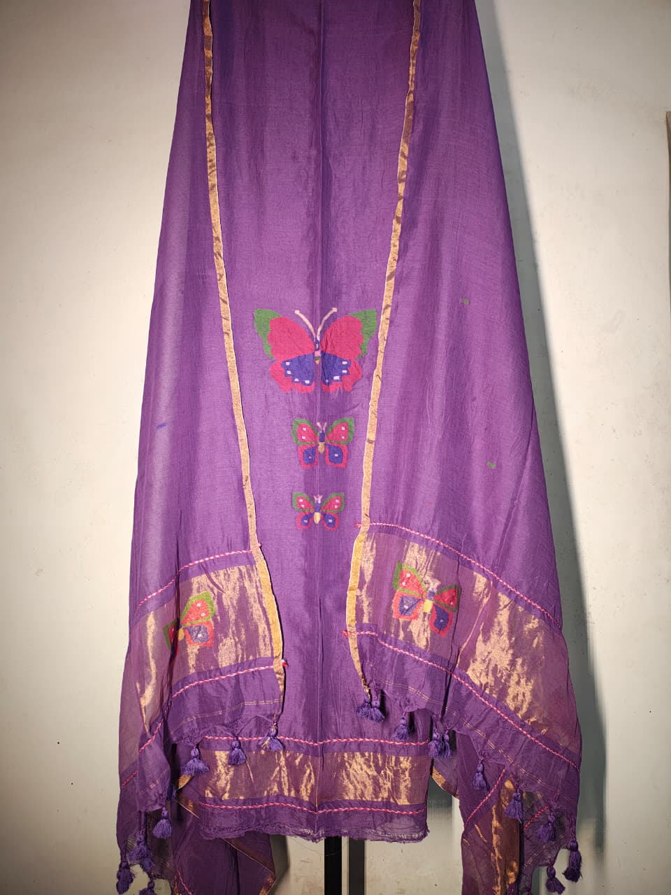 Titli trio zari handwoven Mul Cotton suit with delicate butterfly motifs and elegant zari detailing for a refined royal look by Rihyaaz 