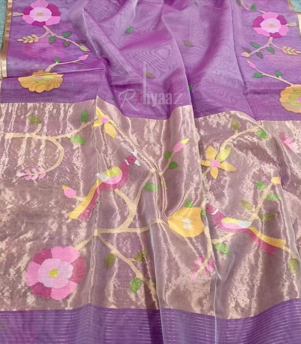 Anushua - Muslin Bird Motif Allover Weaved Silk paithani palla jamdani saree by Rihyaaz..