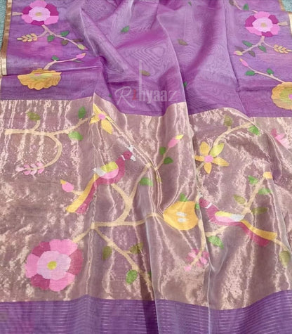 Anushua - Muslin Bird Motif Allover Weaved Silk paithani palla jamdani saree by Rihyaaz..