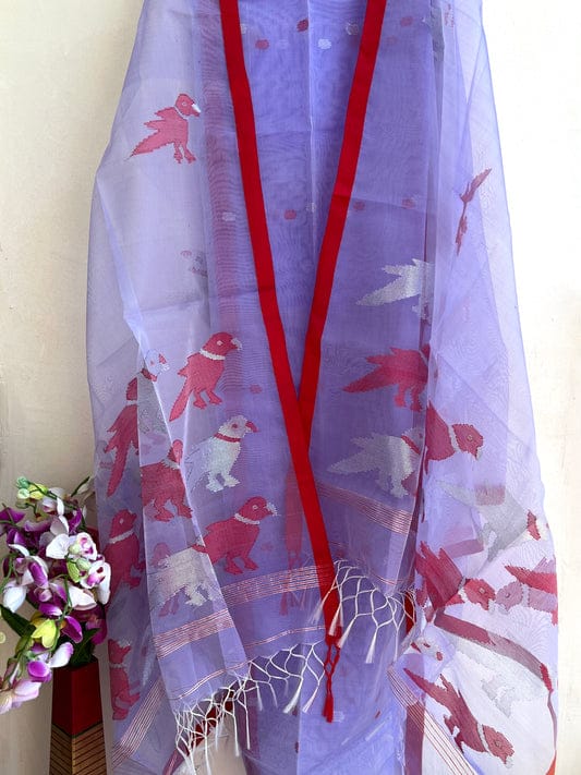 Chidiya muslin woven suit with zari and silk weaving, featuring polka dot motifs on the top by Rihyaaz Fashions.
