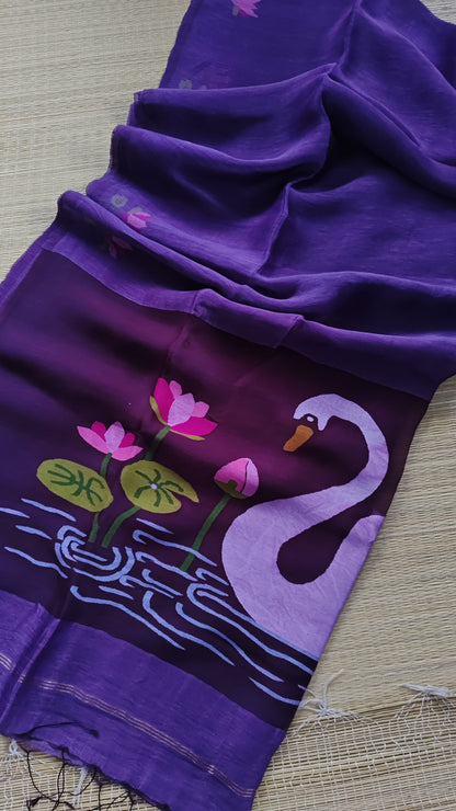 Pure Jayashree linen silk saree with handwoven needlework resham palla with delicate lotus and swan motifs and running blouse piece by Rihyaaz.