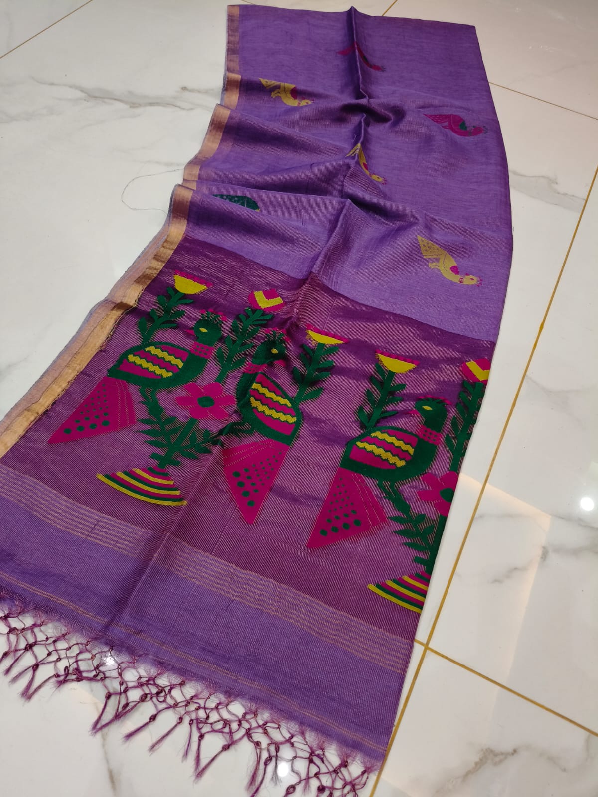 Mayur purple pure Jayasree linen tissue saree with pure tested zari and Paithani Jamdani work, featuring a running blouse piece by Rihyaaz.