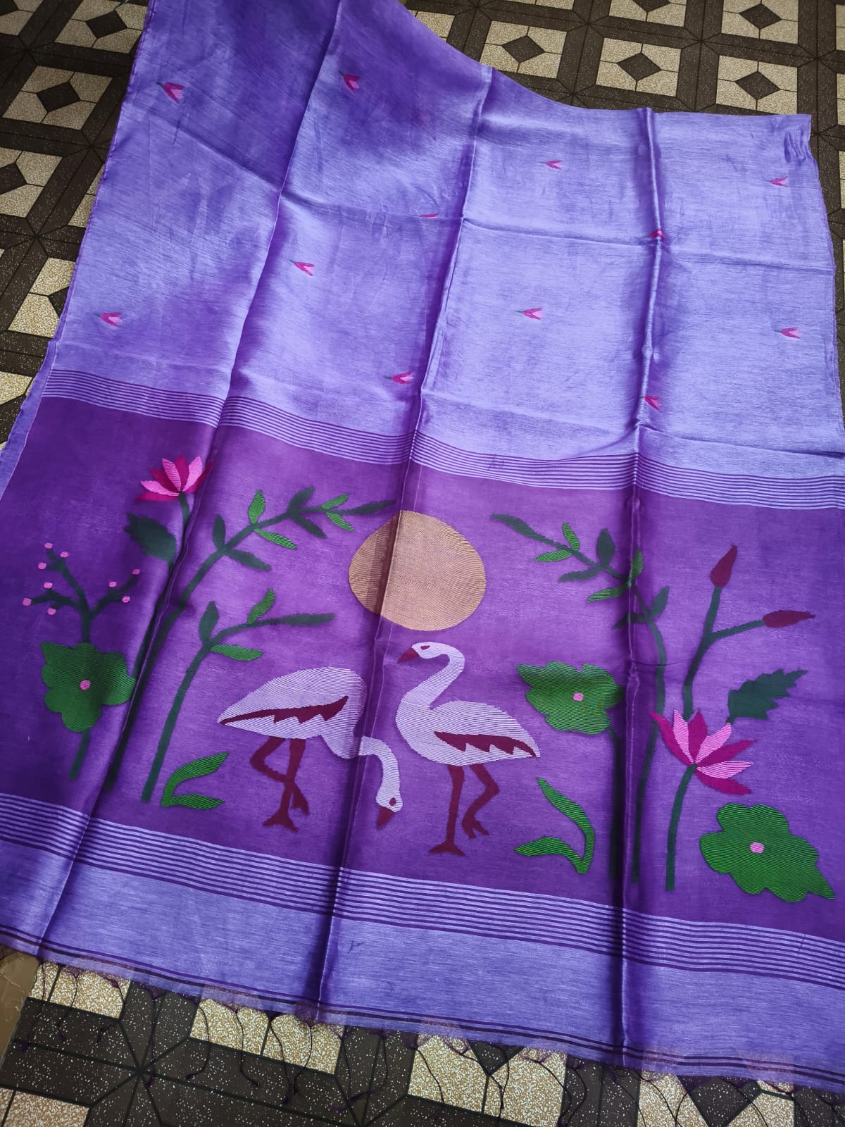 Kanika pure Jayasree silk linen saree with handwoven needlework Jamdani, pure Resham palla, all-over motifs and running blouse piece by Rihyaaz Fashions