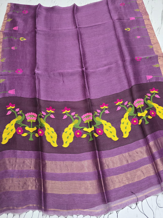 Keka pure silk linen saree with elegant muslin pallu, running blouse piece and Handloom Mark by Rihyaaz