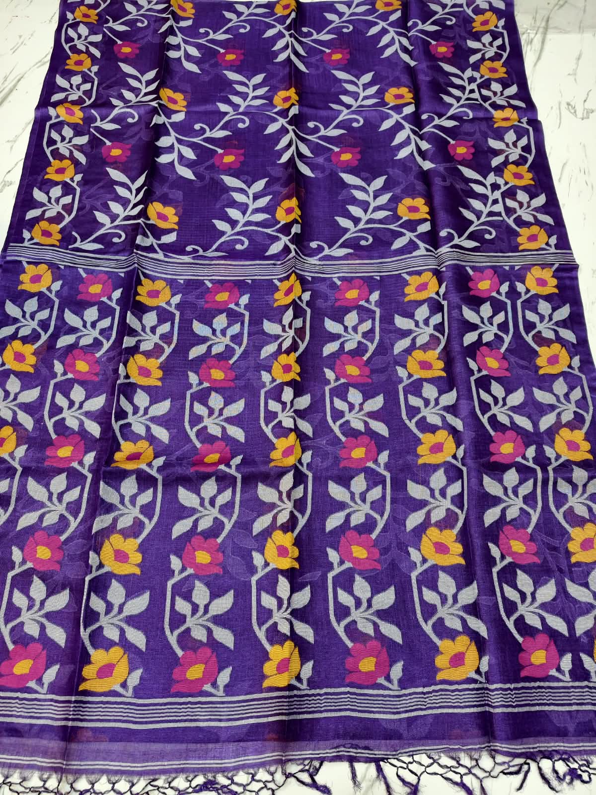 Bageecha Purple Pure Tussar Jamdani saree with intricate all-over handwoven floral Jamdani work, Silk Mark certified by Rihyaaz 