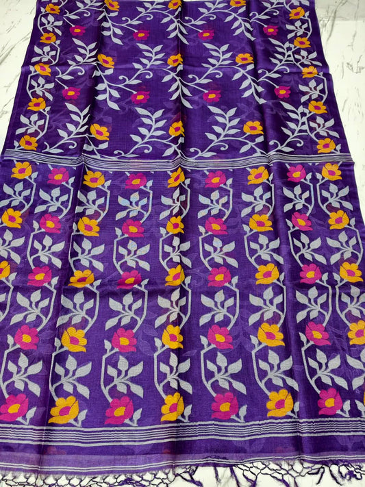 Bageecha Purple Pure Tussar Jamdani saree with intricate all-over handwoven floral Jamdani work, Silk Mark certified by Rihyaaz 