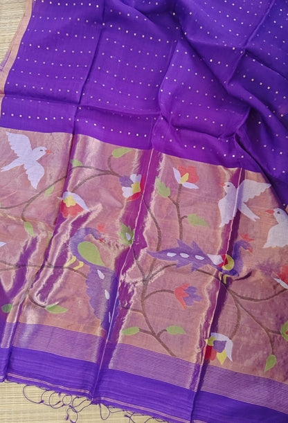 Aleya by Rihyaaz – 100% Pure 4 Ply × 4 Ply Resham Silk Sequins Paithani Jamdani Saree with Tested Zari and Pure Resham Matka Blouse Piece.