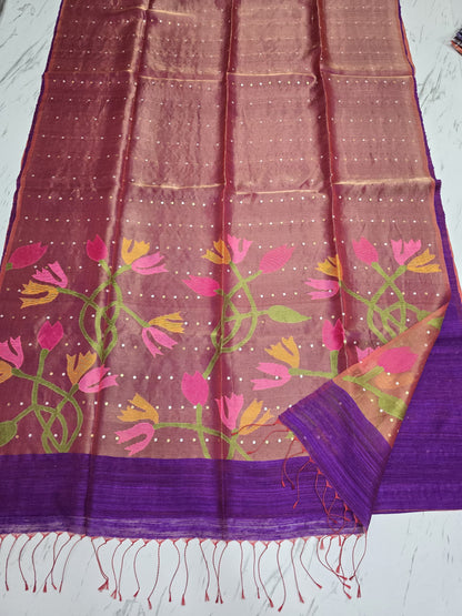 Raga sequin Matka saree with textured Matka body and elegant half tissue resham sequin Jamdani anchal. By Rihyaaz 