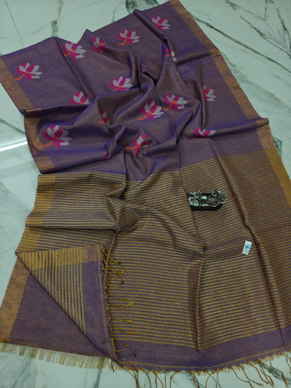 Lolita tissue linen allover weaved floral motiffs needle Jamdani saree with blouse piece, and striped zari weave in Pallu, handcrafted Bengali saree by Rihyaaz