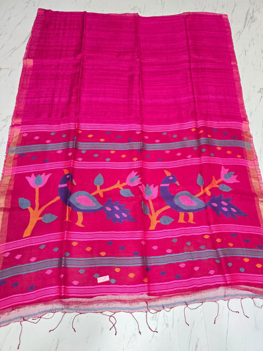 Meraki handwoven Matka silk saree with exquisite Resham Jamdani palla, showcasing intricate traditional weaving and elegant Indian handloom craftsmanship.