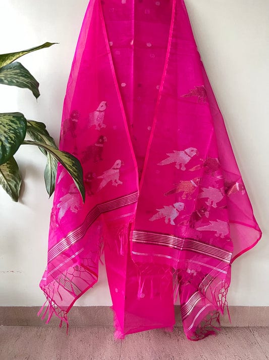 Chidiya muslin woven suit with zari and silk weaving, featuring polka dot motifs on the top by Rihyaaz Fashions.