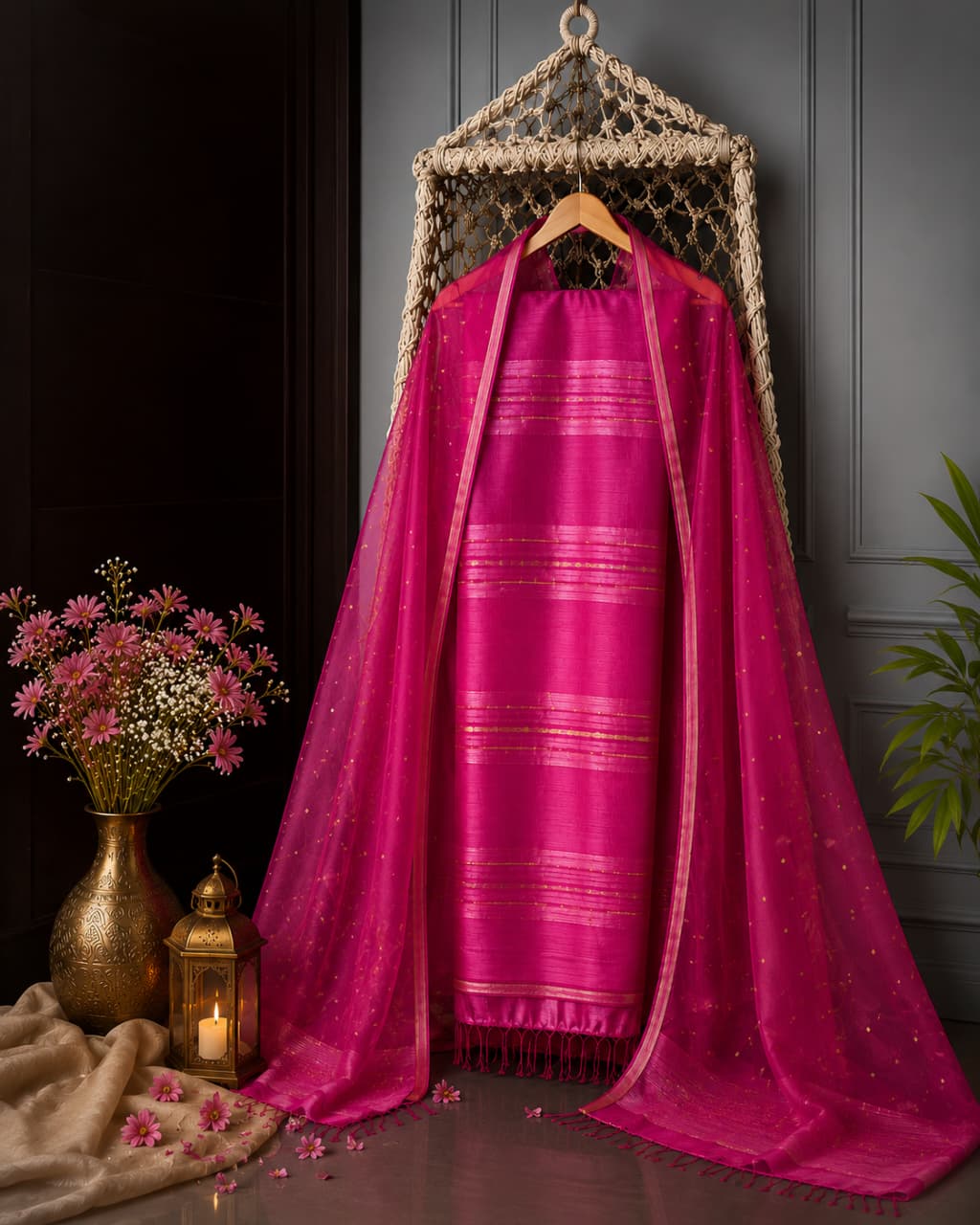 Ratri Matka suit set styled with an elegant Resham sequin embellished dupatta, showcasing traditional Indian ethnic fashion and festive craftsmanship.