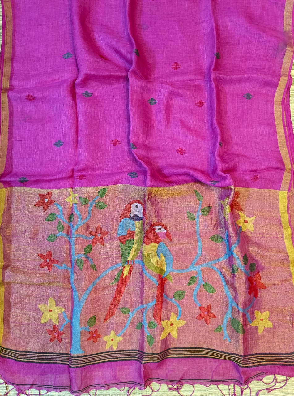 Kakatua Pure Linen Paithani Saree by Rihyaaz with matching blouse piece, elegant Paithani weave, premium linen fabric, custom colour options available, handcrafted ethnic wear.