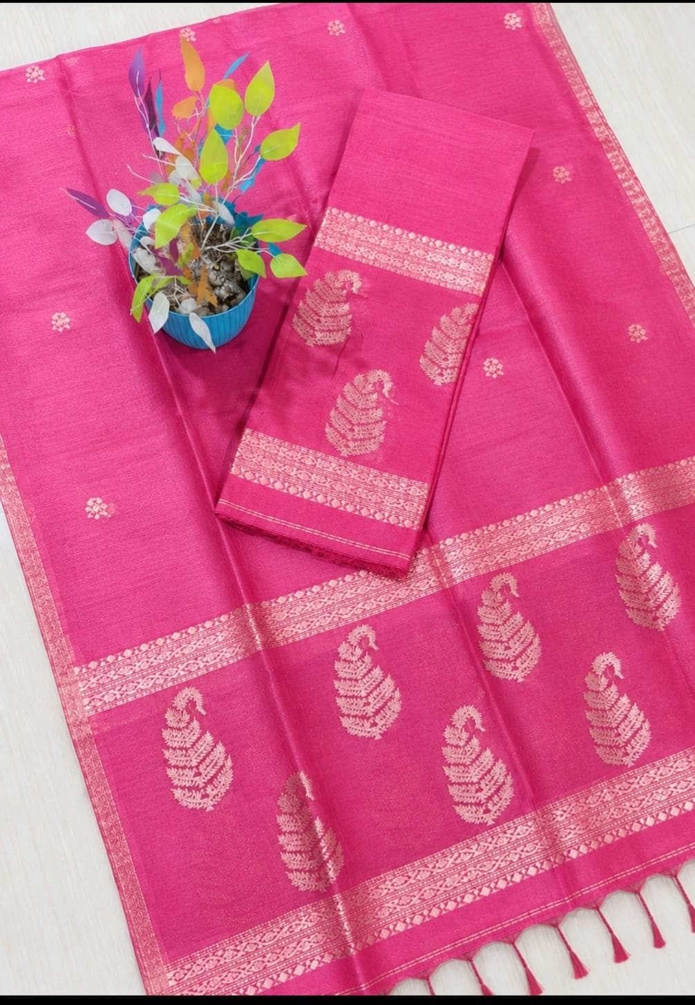 Kairi Rani Pure Silk Linen Jamdani suit with handwoven detailing and net tassel dupatta by Rihyaaz