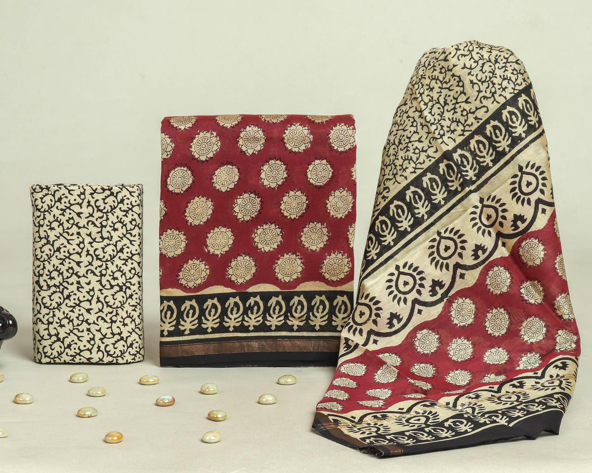 Royal Lady red Bagru hand block printed Chanderi silk suit set with pure Chanderi silk dupatta and cotton bottom by Rihyaaz.