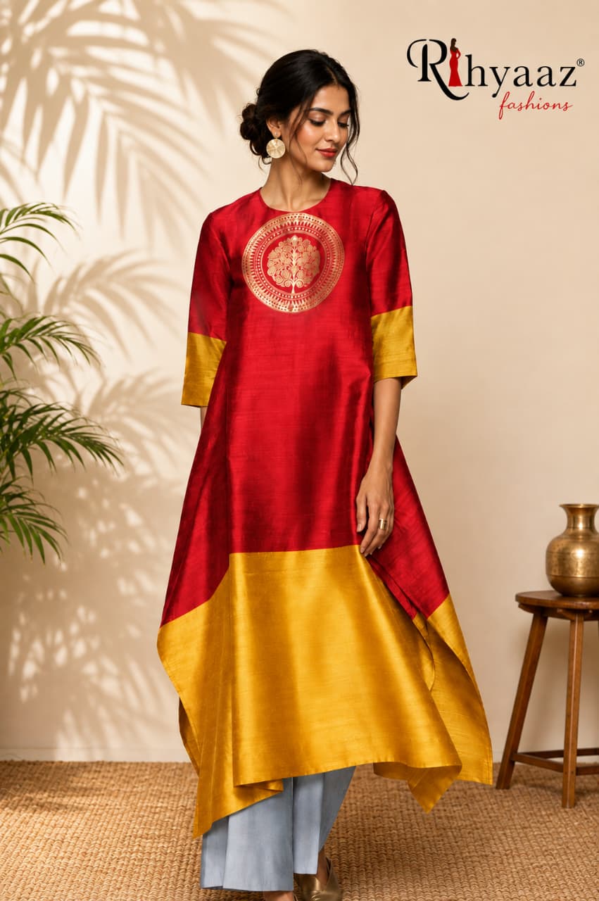 Ruby Benarasi woven raw silk kaftan unstitched fabric by Rihyaaz, available on pre-order.