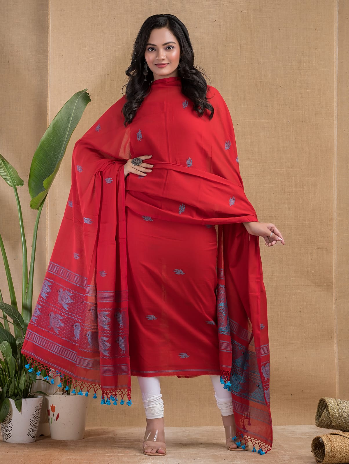 Bird Motif Jamdani Mul Mul Cotton Suit Set by Rihyaaz with 3-meter top and 2.5-meter dupatta