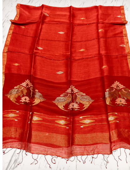 Moyna red silk linen saree with Resham palla and intricate Meenakari Jamdani handwoven detailing with bird motiffs by Rihyaaz