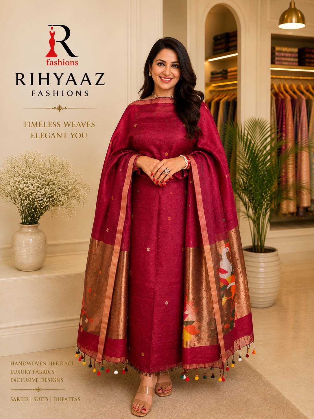Mohor broad palla Paithani linen Jamdani suit by Rihyaaz with 3-meter linen top and 2.5-meter tassel dupatta in premium handloom-inspired weave.