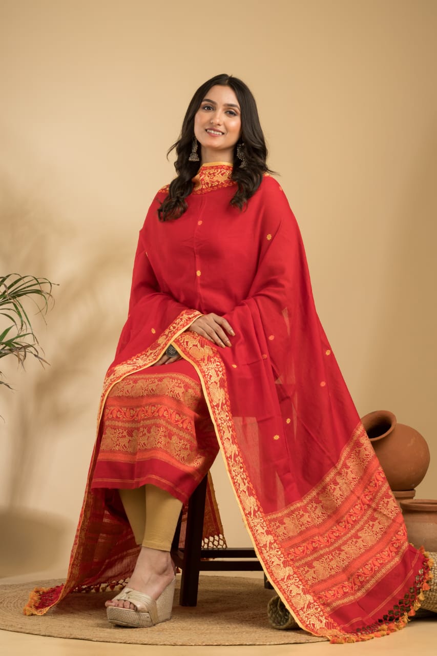 Rihyaaz Red cotton Baluchari suit set with 2.5 meter top and 2.5 meter tassel dupatta, elegant traditional ethnic wear for women.