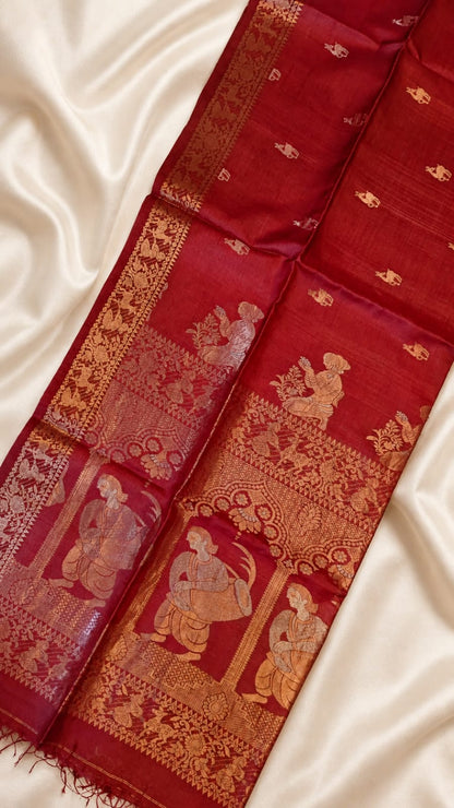 Dhakai exclusive pure Bengal tussar silk saree featuring elegant Tussar Swarnachuri weave, paired with a running blouse piece, from Rihyaaz’s premium handloom collection.