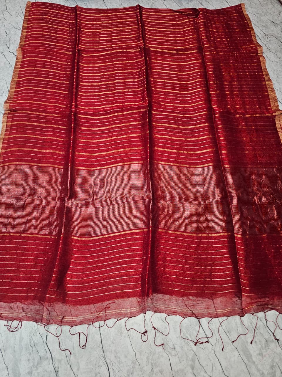 Shaam Resham Dual Zari Stripe Silk Linen Saree by Rihyaaz Fashions, premium handwoven silk linen saree with elegant resham and dual zari stripe detailing.