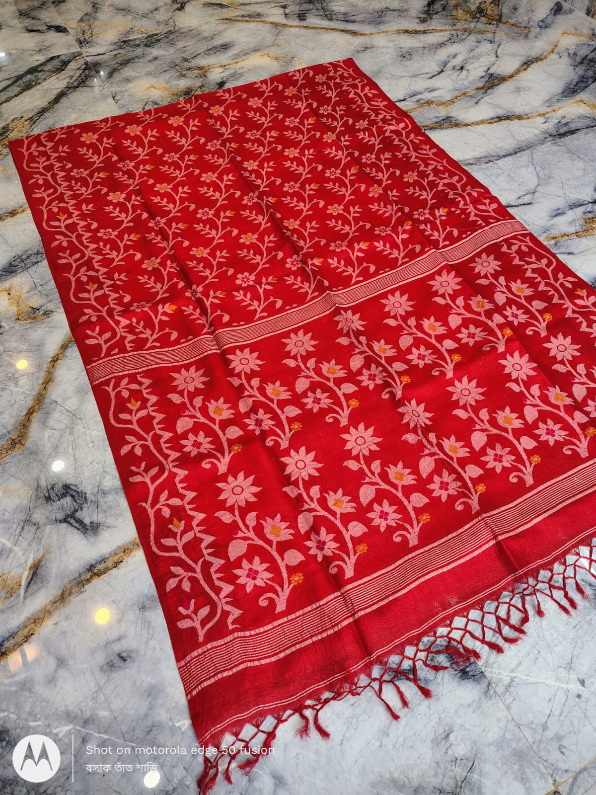 Silkmark certified Red Bengal handloom Tussar tie and dye Allover Floral motif saree with an all-over tie-dye pattern, elegant contrast border, and blouse piece Exclusively by Rihyaaz.