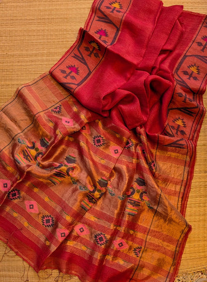 Iravati Red exclusive silk linen saree featuring a tested zari Jamdani border, elegant Paithani-style tissue pallu, and matching running blouse piece by Rihyaaz Fashions.