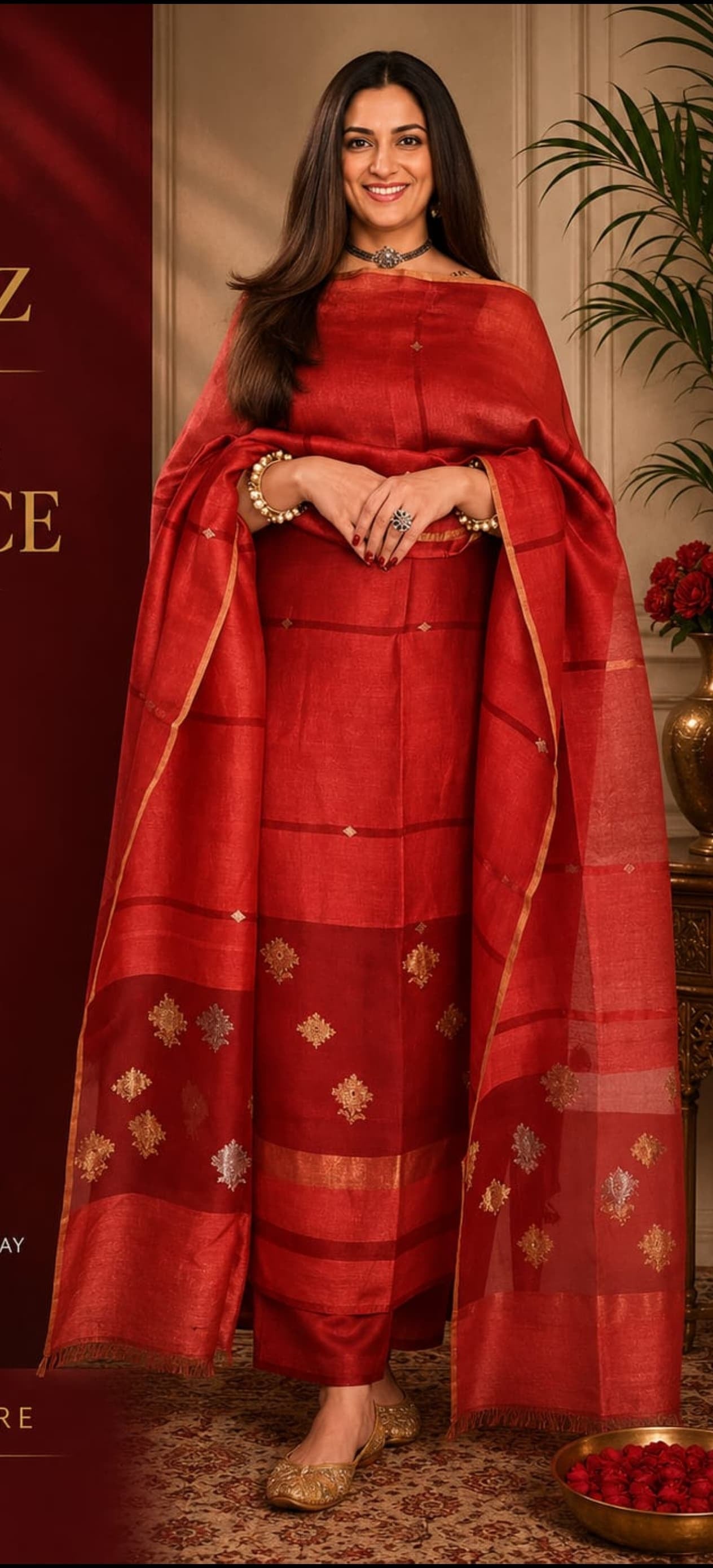 Laaj fine silk and silk-linen weaved suit with intricate gold and silver Jamdani weaving, featuring a matching top and dupatta by Rihyaaz; bottom available separately.