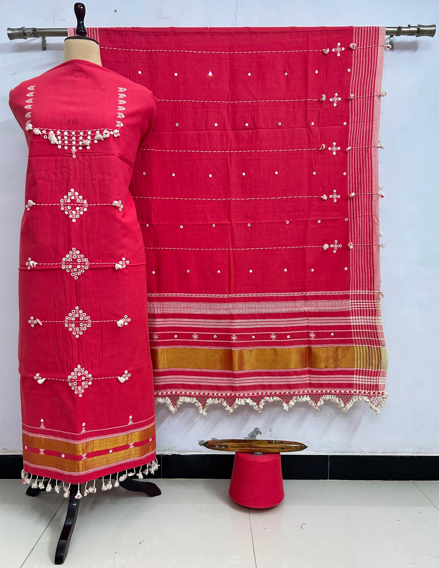 Fumka - handwoven Kapas Bhujodi 3 piece suit set with intricate mirror detailing, artisan woven kurta, matching bottoms and dupatta by Rihyaaz in sustainable handcrafted ethnic wear.