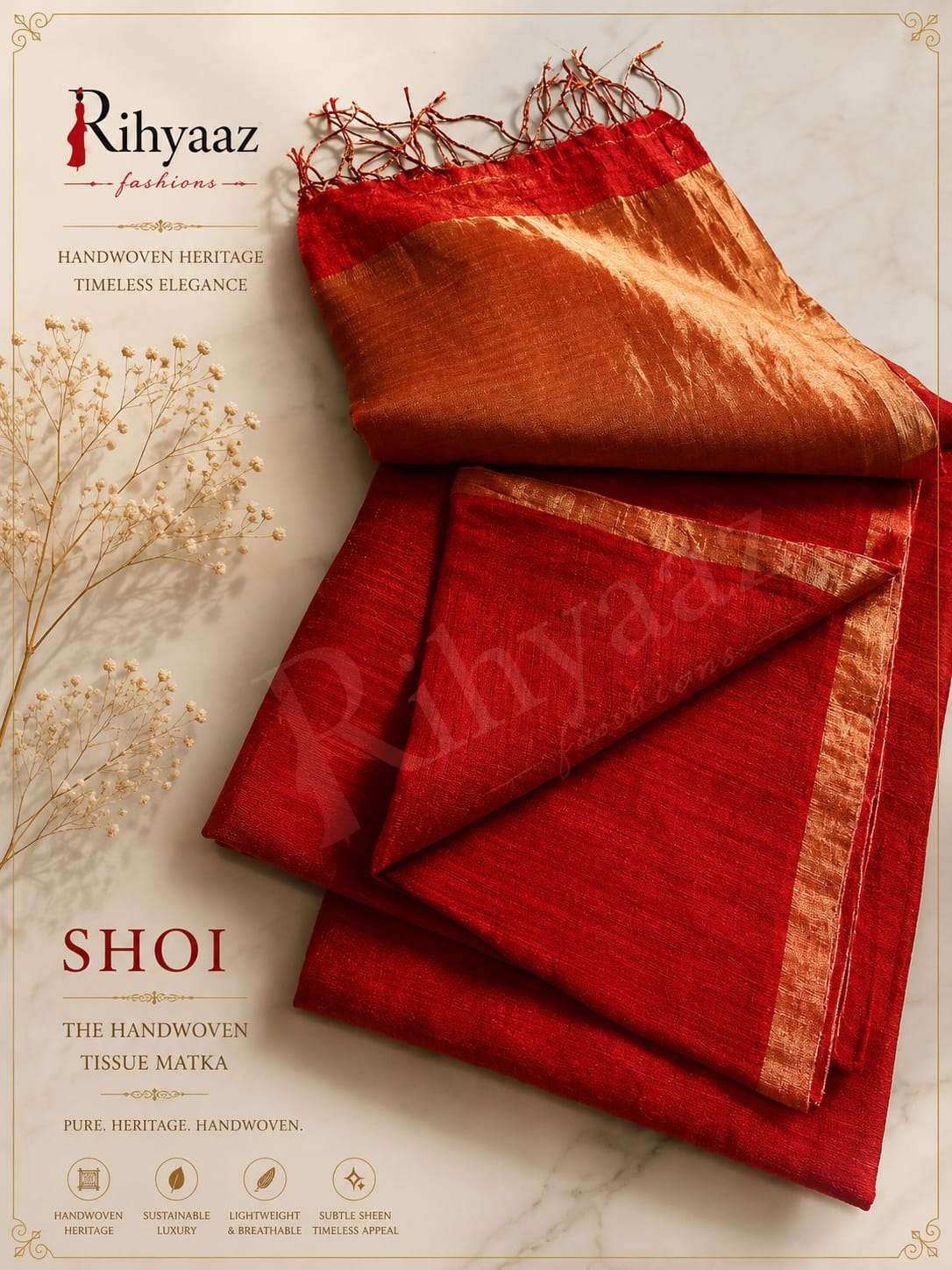 Shoi Inchi Par Tissue Resham Matka saree with elegant traditional border and running blouse piece by Rihyaaz.