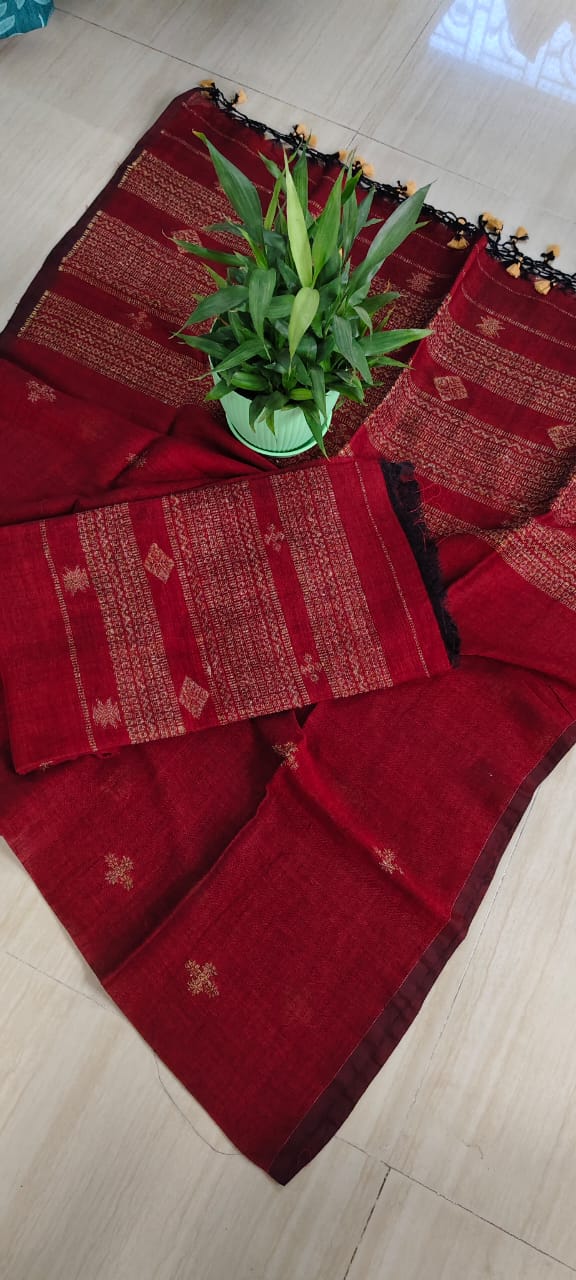 Bakul linen Baluchari suit and dupatta with intricate Ghicha weaving by Rihyaaz